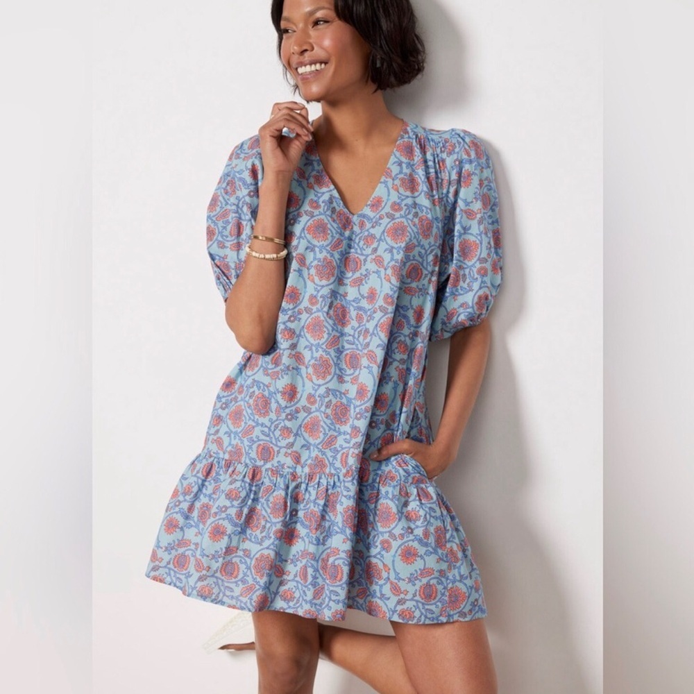 Sundry X Evereve Viola All Day Dress Size M 8/10 Blue Floral Cotton Puff Sleeve